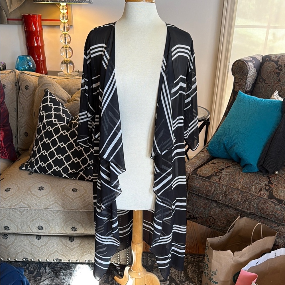 Black and White Striped Open Cardigan